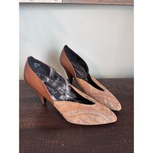 Vintage Fredrico Amanda Leather Brown & Turquoise D'Orsay Kitten Heels